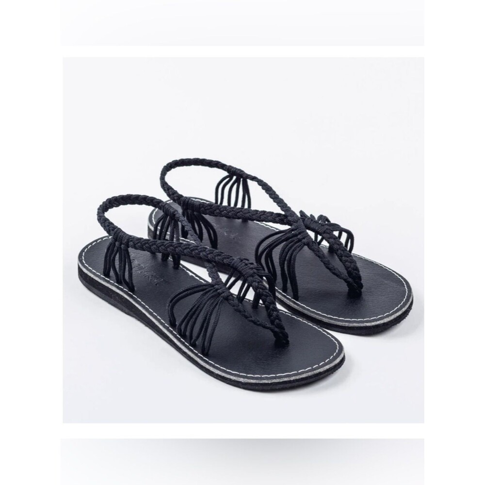 Plaka Seashell Hand Woven Sandals Braided Black Toe-Loop Womens 8 Brand New
